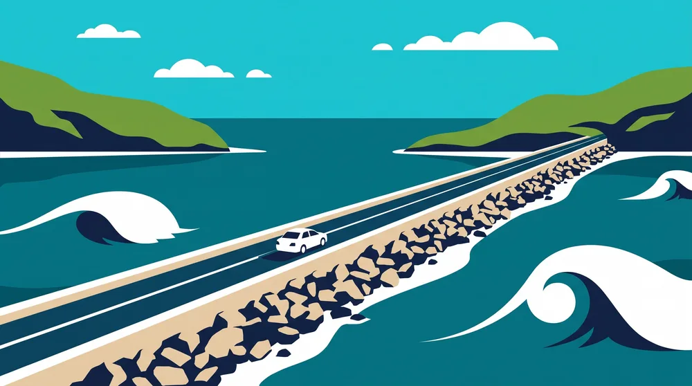 Rock causeway carrying a road across teal water