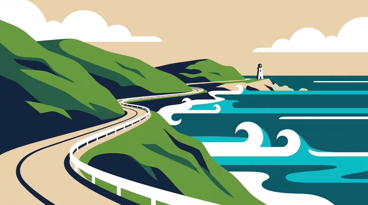 Coastal road above a teal sea and a lighthouse